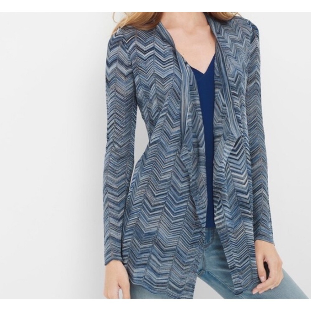 White House Black Market Zig Zag Drape Blue Chevron Rayon Knit‎ Cardigan Medium
